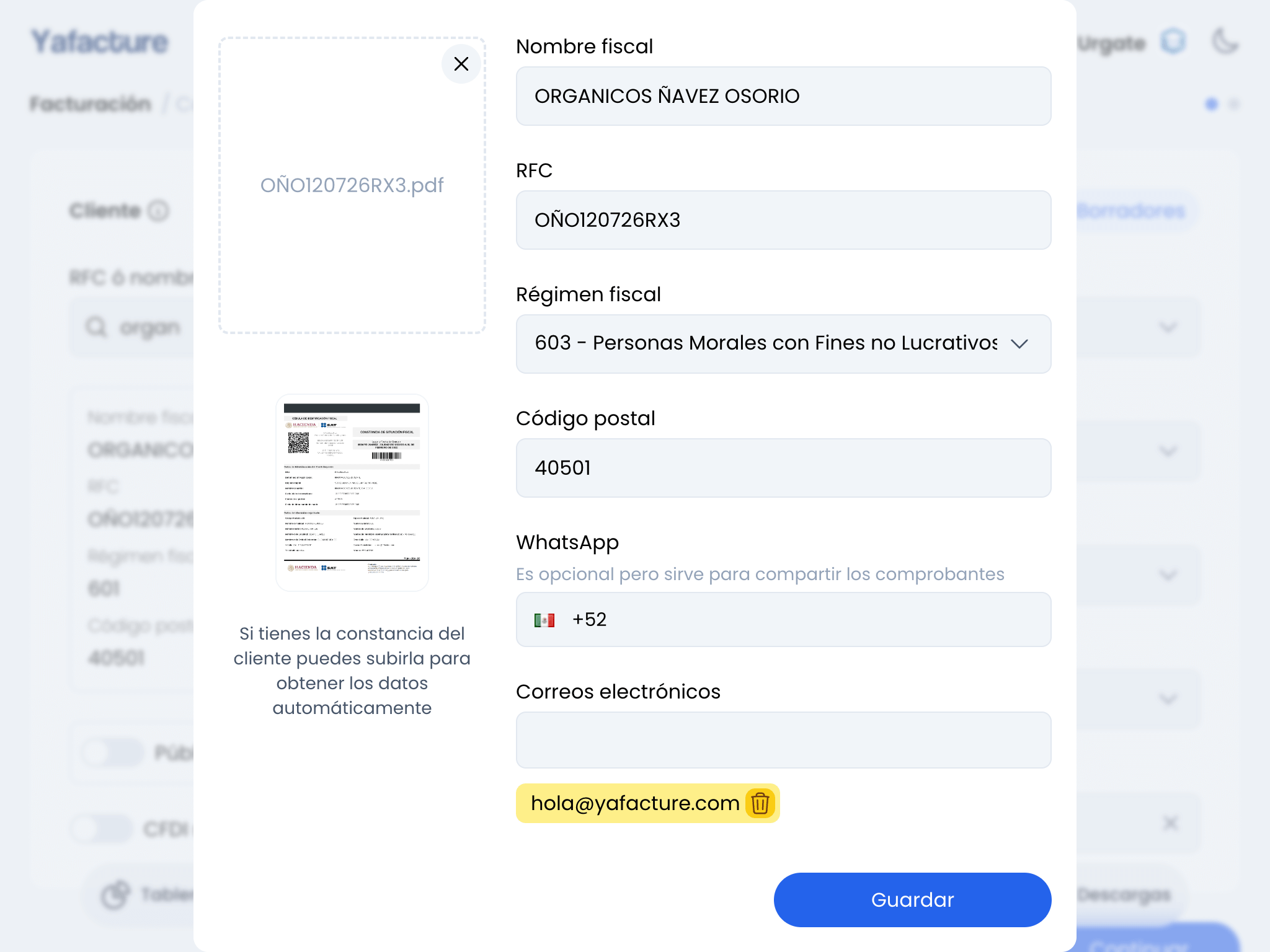 Arrastra la constancia de tu cliente para que no tengas que capturar desde Yafacture (drag & drop)